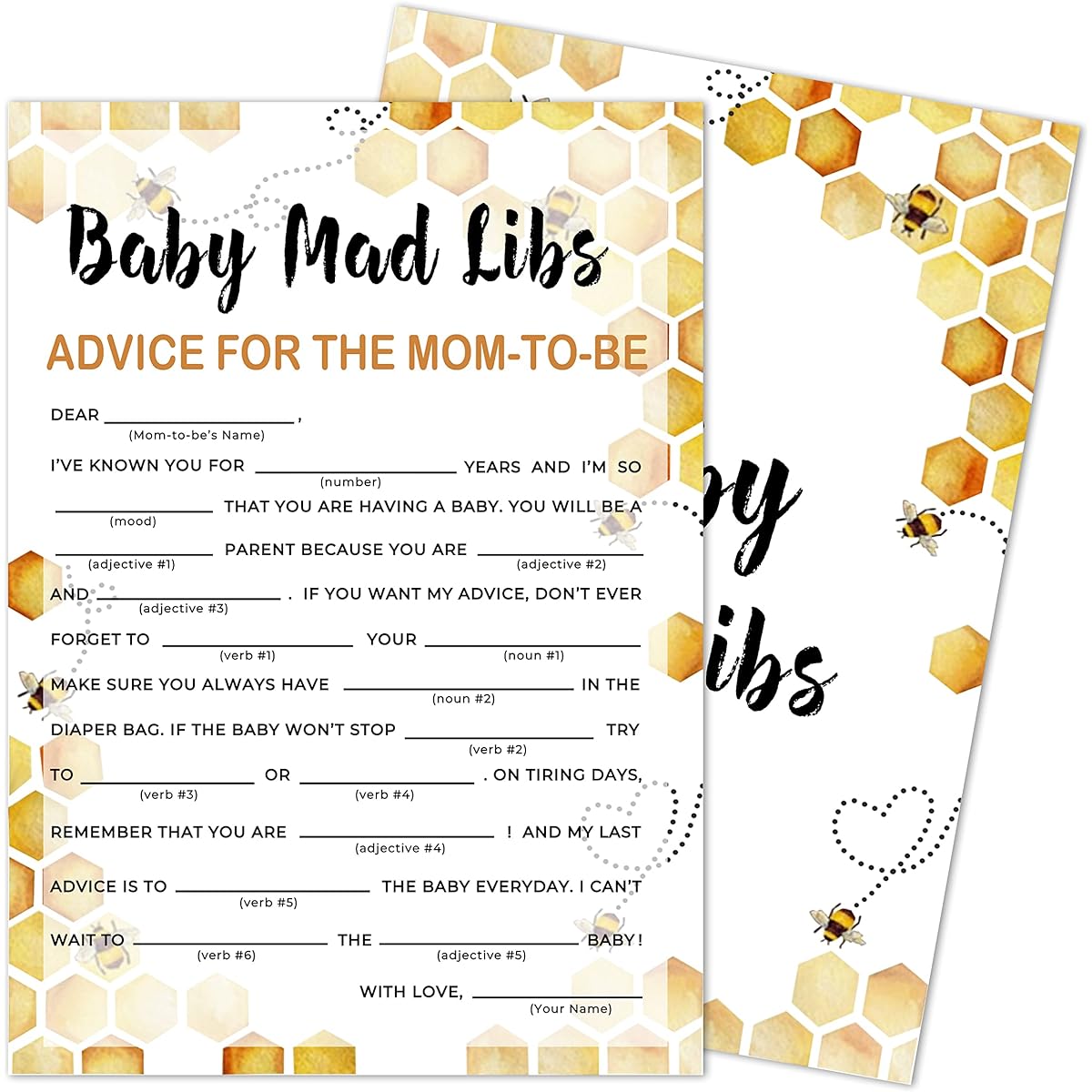 Baby Mad libs Baby Shower Game, Gender Reveal Party Supplies,Honeycomb Bumble Bee Party Decorations,– 30 Game Cards (bb013-yx12)