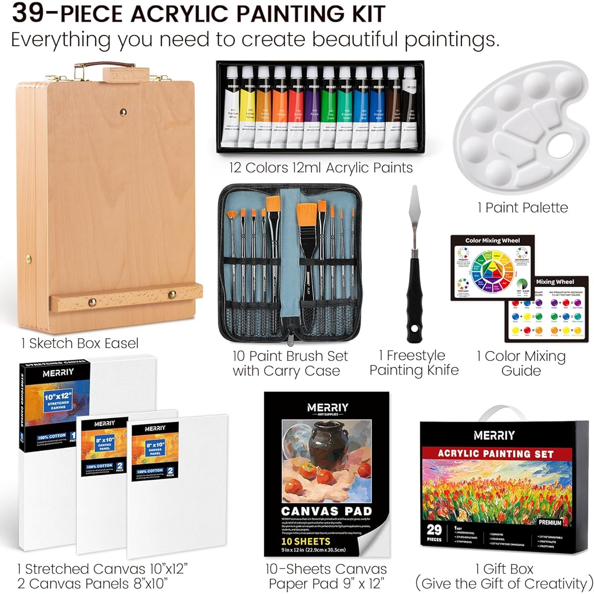 MERRIY 29 Piece Acrylic Paint Set, Art Supplies Kit with Tabletop Sketch Box Easel, 12 Colors Acrylic Paints, 10" x 12" Stretched Canvas, Premium Acrylic Painting Set for Adult/Beginner Artists