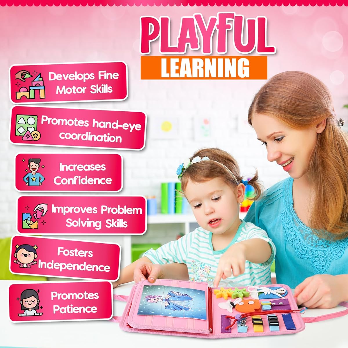 AOPER Montessori Busy Board 26-in-1 Busy Book for Toddlers 1-6 Years Preschool Educational Activities Sensory Toys Fine Motor Skills Learning Development Gift for Baby