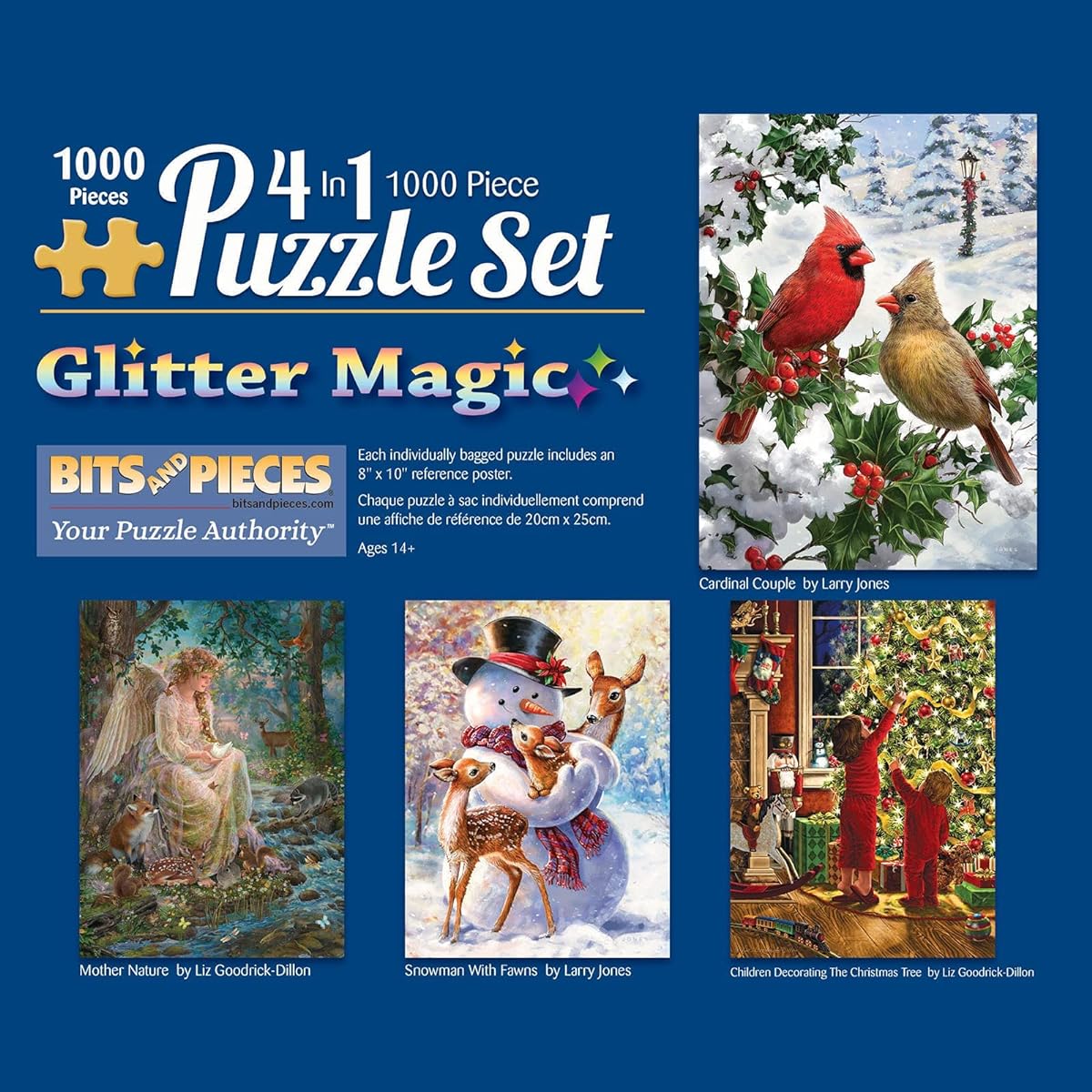 Bits and Pieces - 4-in-1 Multipack 1000 Piece Glitter Jigsaw Puzzle for Adults - Puzzle Dimensions 20" x 27" 1000 Pieces Mother Nature Snowman Cardinal Christmas Jigsaw Puzzle Larry Jones Liz Goodrick Dillon