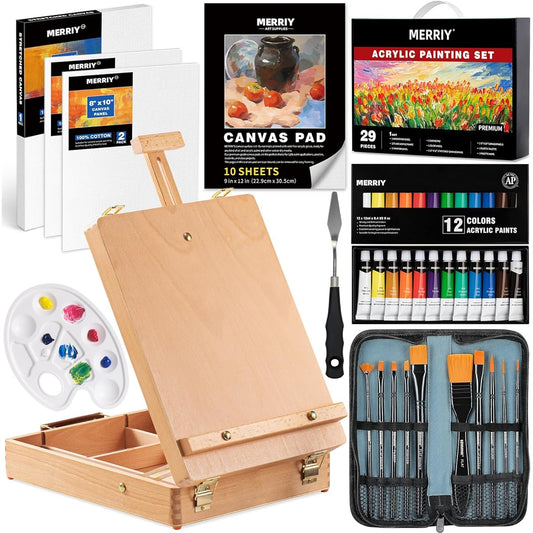 MERRIY 29 Piece Acrylic Paint Set, Art Supplies Kit with Tabletop Sketch Box Easel, 12 Colors Acrylic Paints, 10" x 12" Stretched Canvas, Premium Acrylic Painting Set for Adult/Beginner Artists