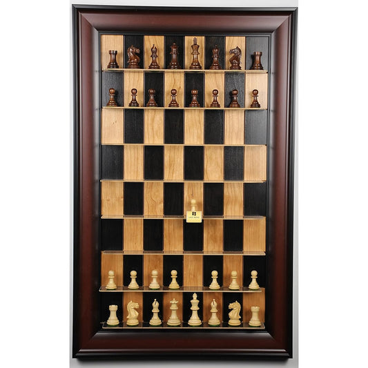 Rosewood Chess set on Black Cherry vertical Straight Up Chess Board