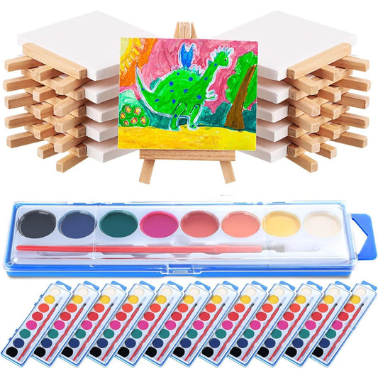 Fuutreo Mini Canvas Easel Set with 3x4 Inch Canvas and Wooden Easel, 8 Colors Watercolor Paint Brushes for Kids Paint School Birthday Painting Art Party Supplies (48)