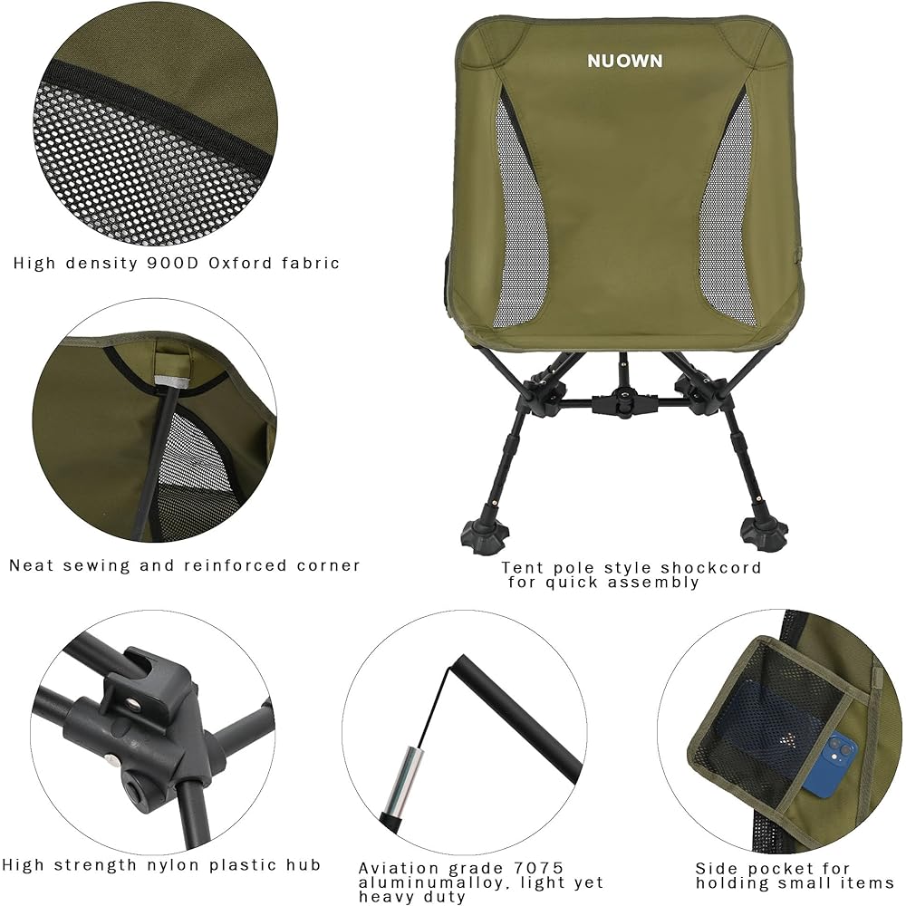 NUOWN Outdoor Chair, Ultra-lightweight Folding Camping Chair, Height Adjustable, Camping Chair with Pockets, Suitable for Uneven Grounds, Load Capacity 150kg, Green