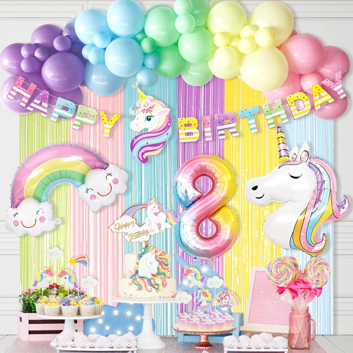 Unicorn 8th Birthday Party Decorations for Girls Hombae 8th Birthday Party Supplies Kit Rainbow Birthday Banner Balloon Garland, No.8 Foil Balloon, Macaron Tinsel Curtain
