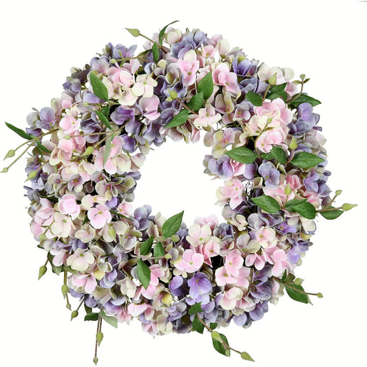 Vickerman 18" Everyday Artificial Blue and Pink Hydrangea Wreath - Faux Indoor Floral Greenery Arrangement - Home and Office Decor - Maintenance Free