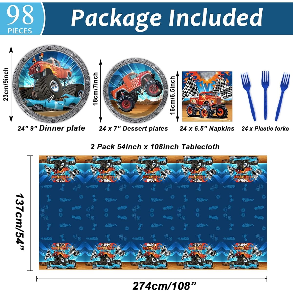 98 Piece Truck Party Decorations Truck Tableware Set Plates Napkins Tablecloth Party Supplies Kit for Kids Boys Truck Car Birthday Table Cover Tableware Party Favors for 24 Guests