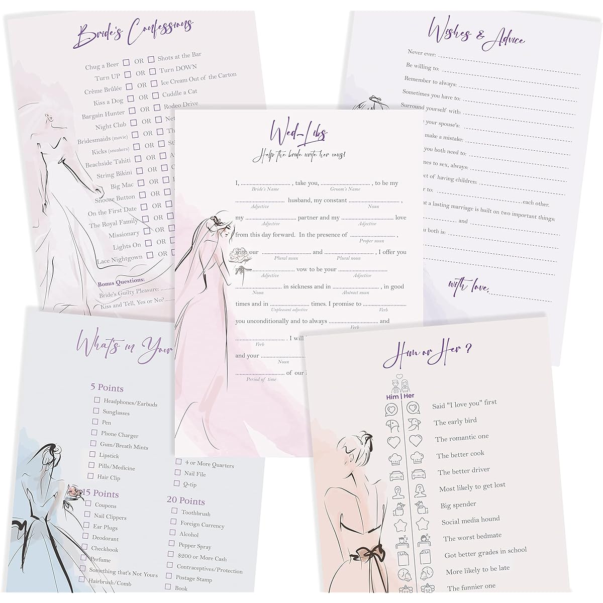 Better Office Products Bridal Shower Games for 50 Guests (250 Cards) 5 x 7 Inch Bridal Games Set of 5 Fun Game Activities Elegant Bridal Sketch Designs