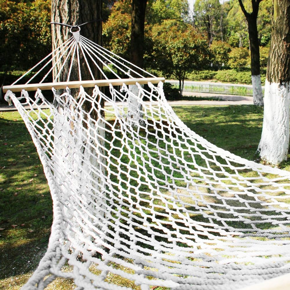 Hammock Indoor Hanging Net Fall Prevention Specification Outdoor Camping Lightweight Load Capacity Comes with Wooden Frame Soft Cotton Fabric Material (Beige)