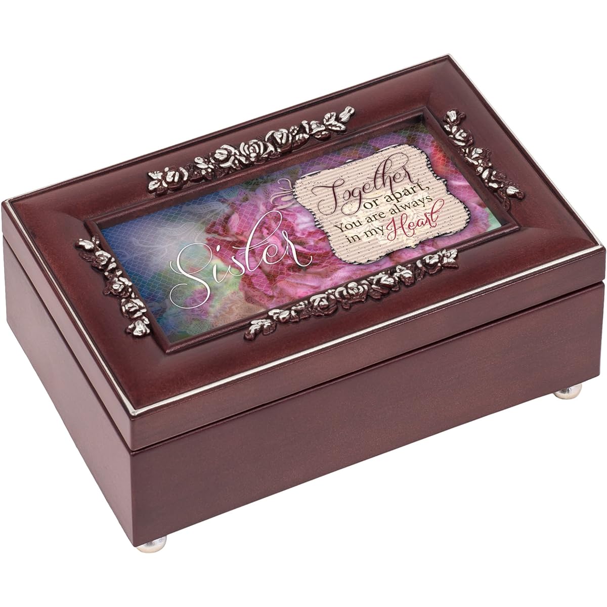 Cottage Garden Sister Always in My Heart Rosewood Silver Trim Rose Music Box - Plays Tune Canon in D