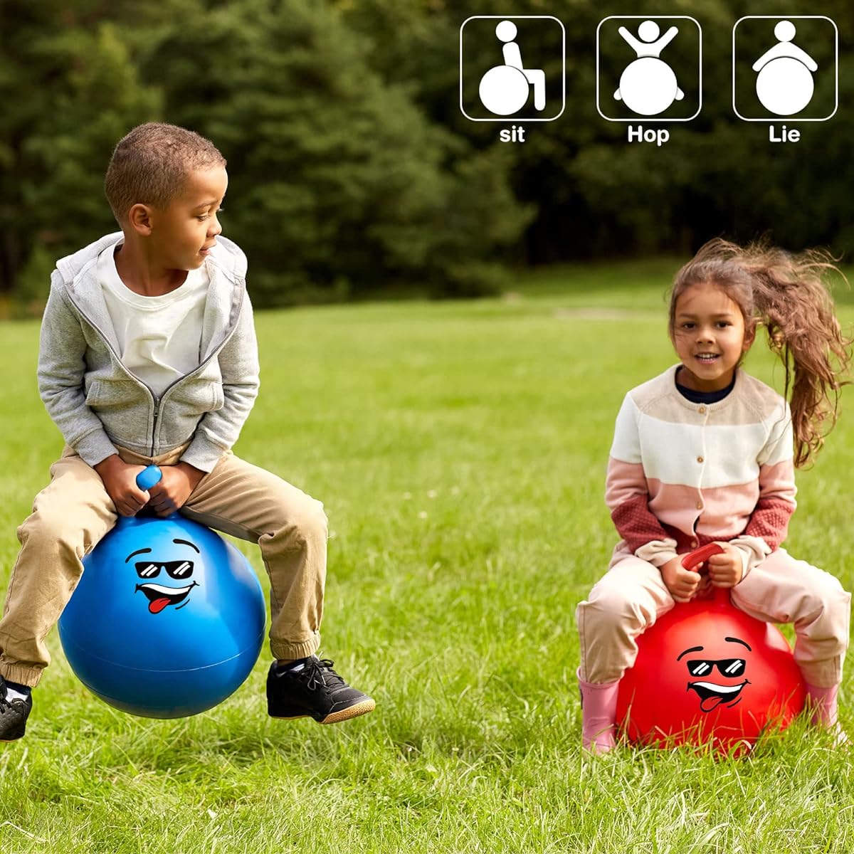 Bouncing Balls for Kids 4pcs 15" Inflatable Jump Ball Rubber Hippie Hop Bouncy Ball with Handle Sit on Bouncy Exercise Ball with Pump for Boys and Girls Indoor Outdoor
