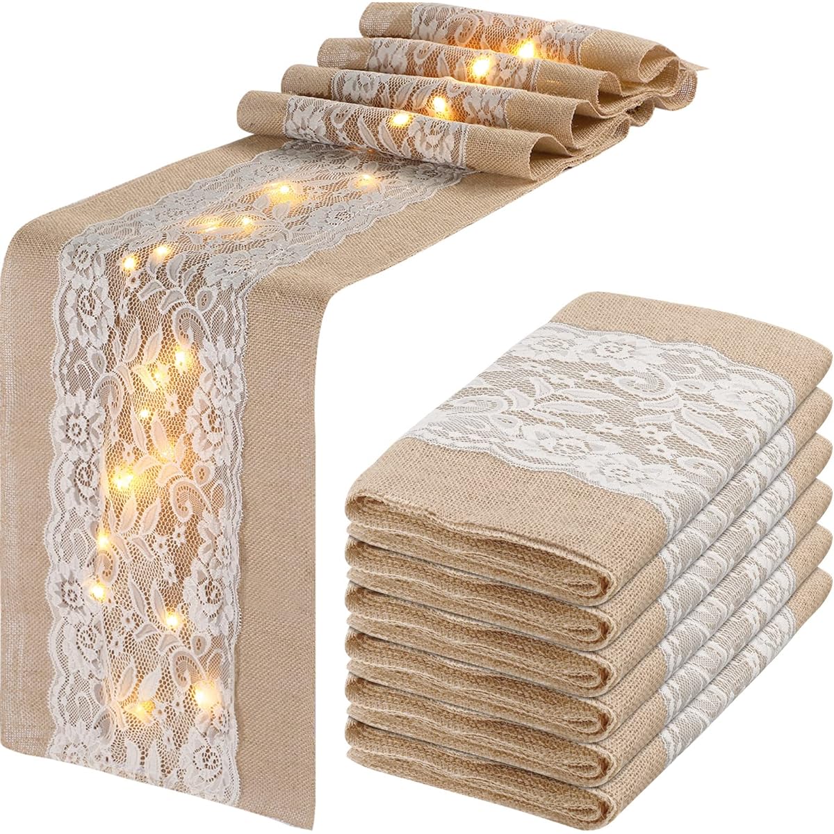 Tudomro Burlap Table Runner Set of 6 with LED String Lights, 12 x 108 Inches, Rustic Jute Lace Table Runner, Farmhouse Jute Linen Table Runner for Wedding Decoration, Holiday Party, Wedding Table Decoration