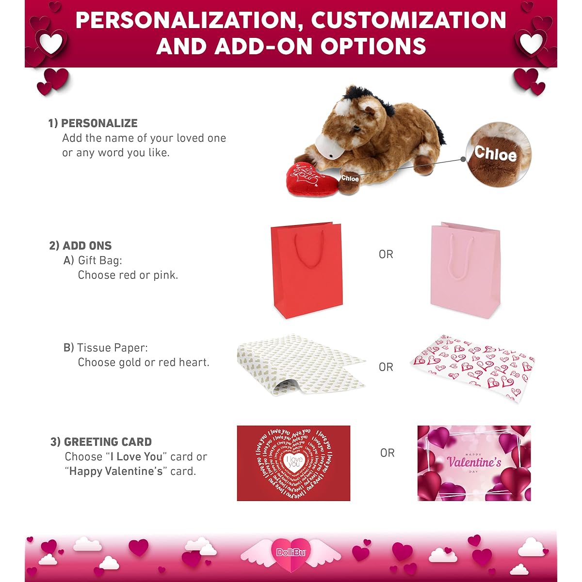DolliBu I Love You Plush Lying Down Brown Horse - Cute Stuffed Animal with Heart and Name for Valentine's Day/Anniversary/Romantic Date/Boyfriend/Girlfriend Gift - 10.5 Inch
