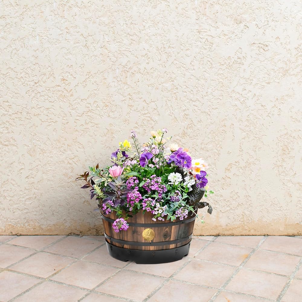 Takasho Wood Barrel Planter Shallow L PPW-01LN Depth 41 x Height 23 x Width 41cm Brown