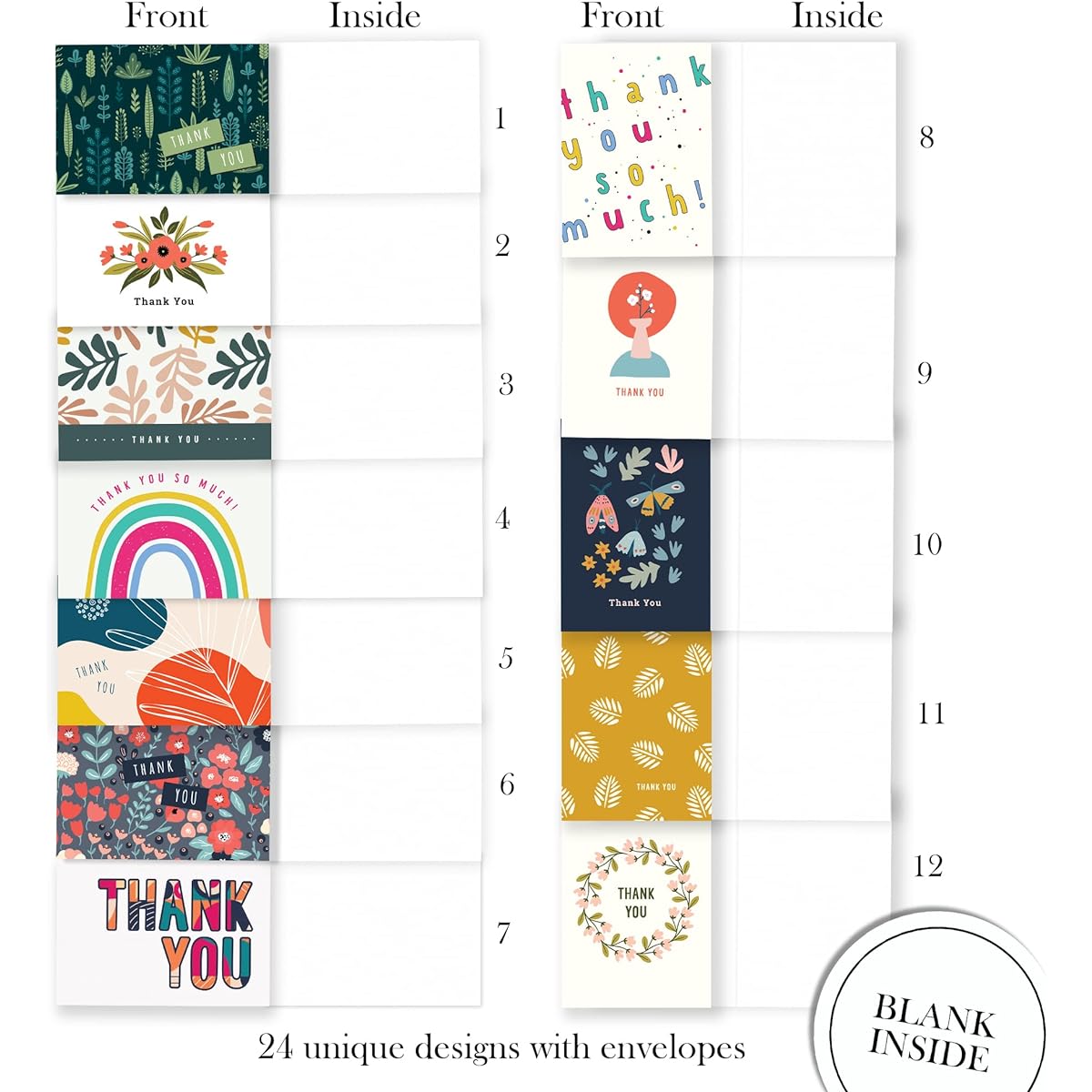 Thank You Cards with Envelopes – 24 Unique Designs on Thick Cardstock and Storage Box Included – 5.8” x 4.1” by Hat Acrobat (Colorful)