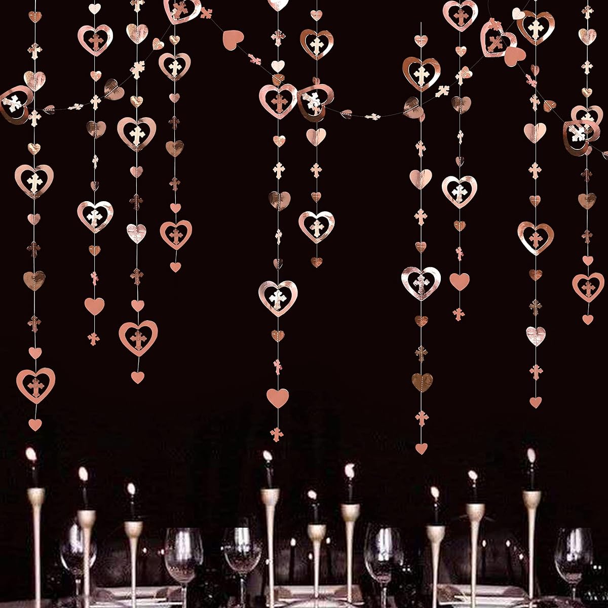 40ft Rose Gold 3D Cross Heart Garland Hanging Paper Streamers for First Communion Religious Christian Baptism Wedding Bridal Baby Shower Birthday Anniversary Engagement Party Decorations