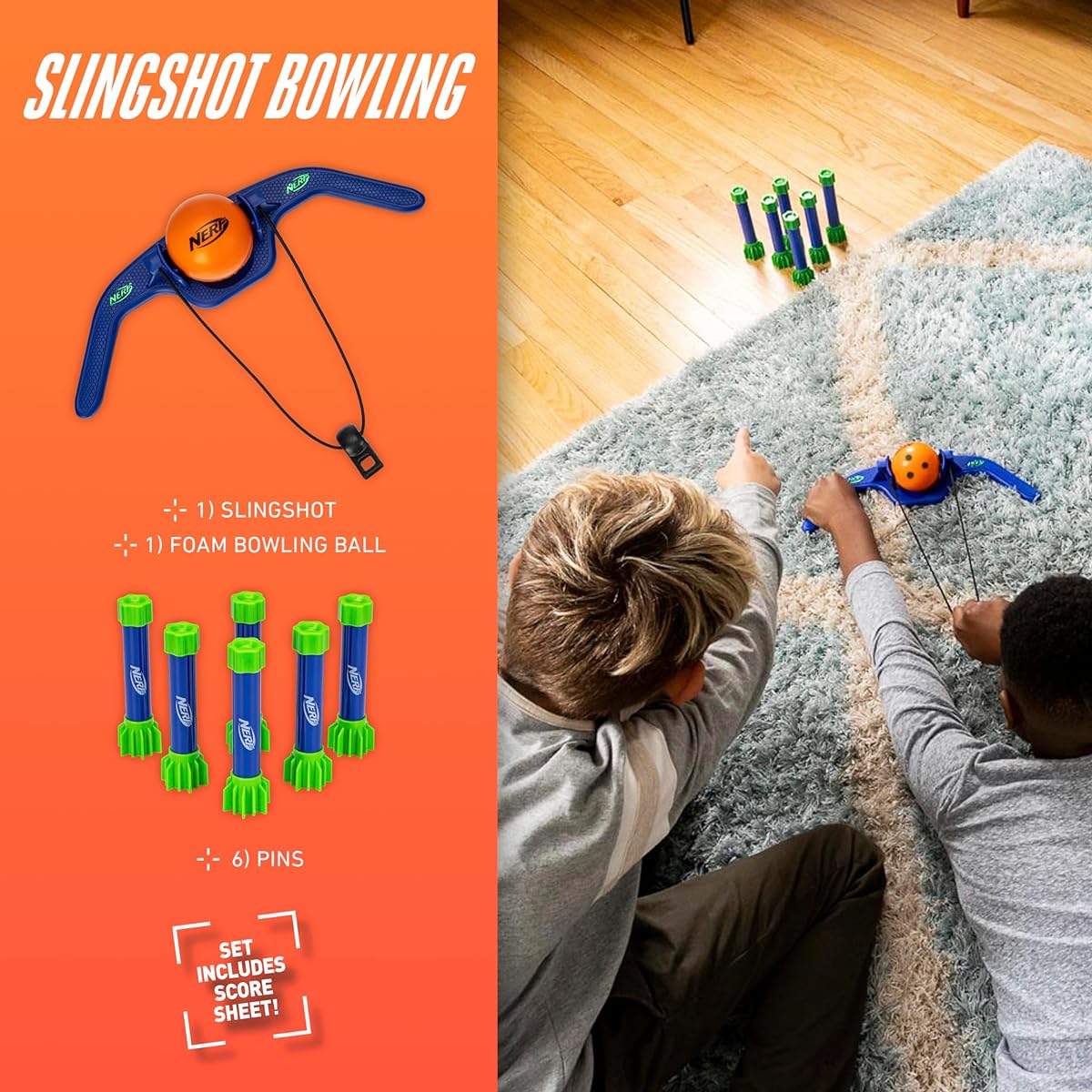 Franklin Sports NERF Kids Slingshot Bowling Game Set - Kids Soft Foam Ball Slingshot + Bowling Pin Game Set - Fun Indoor Bowling Game for Kids - Includes Slingshot, NERF Foam Bowling Ball + Target Pin