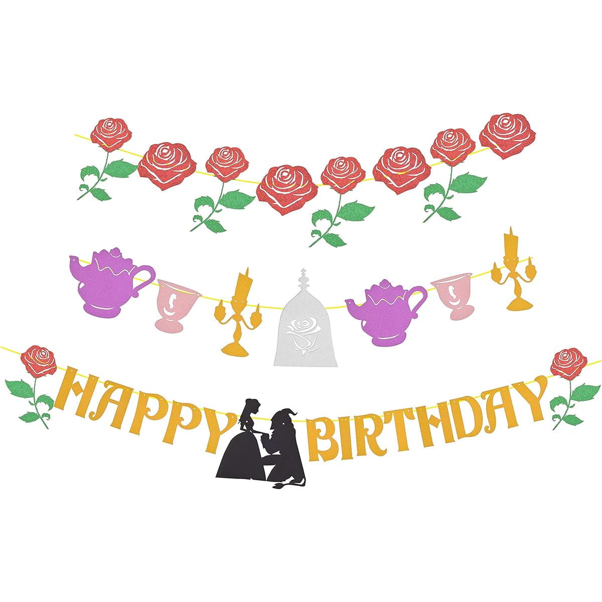 Beauty and the Beast Inspired "Be Our Guest" Banner Belle Happy Birthday Rose Garland Kids Princess Party Banner Set of 4 Sparkly Red Rose Banner Red PBD