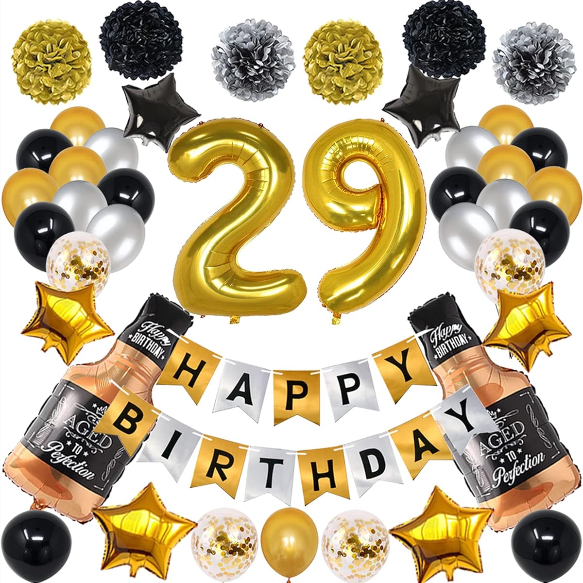 NANINUNENO 29 Year Old Gold Black Silver Happy Birthday Balloons Supplies for Boys Girls Women 29 Pieces Birthday Party Set Gold Number Balloons Happy Birthday Banner and Whiskey Bottle Balloons