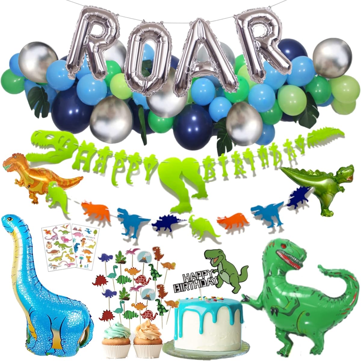 Dinosaur Party Supplies - Set of 30" Small Dinosaur Party Decorations with Big T-Rex, Cake Topper, Tattoo Stickers, Silver Roar, Happy Birthday Banner, Jungle Theme Balloon Garland