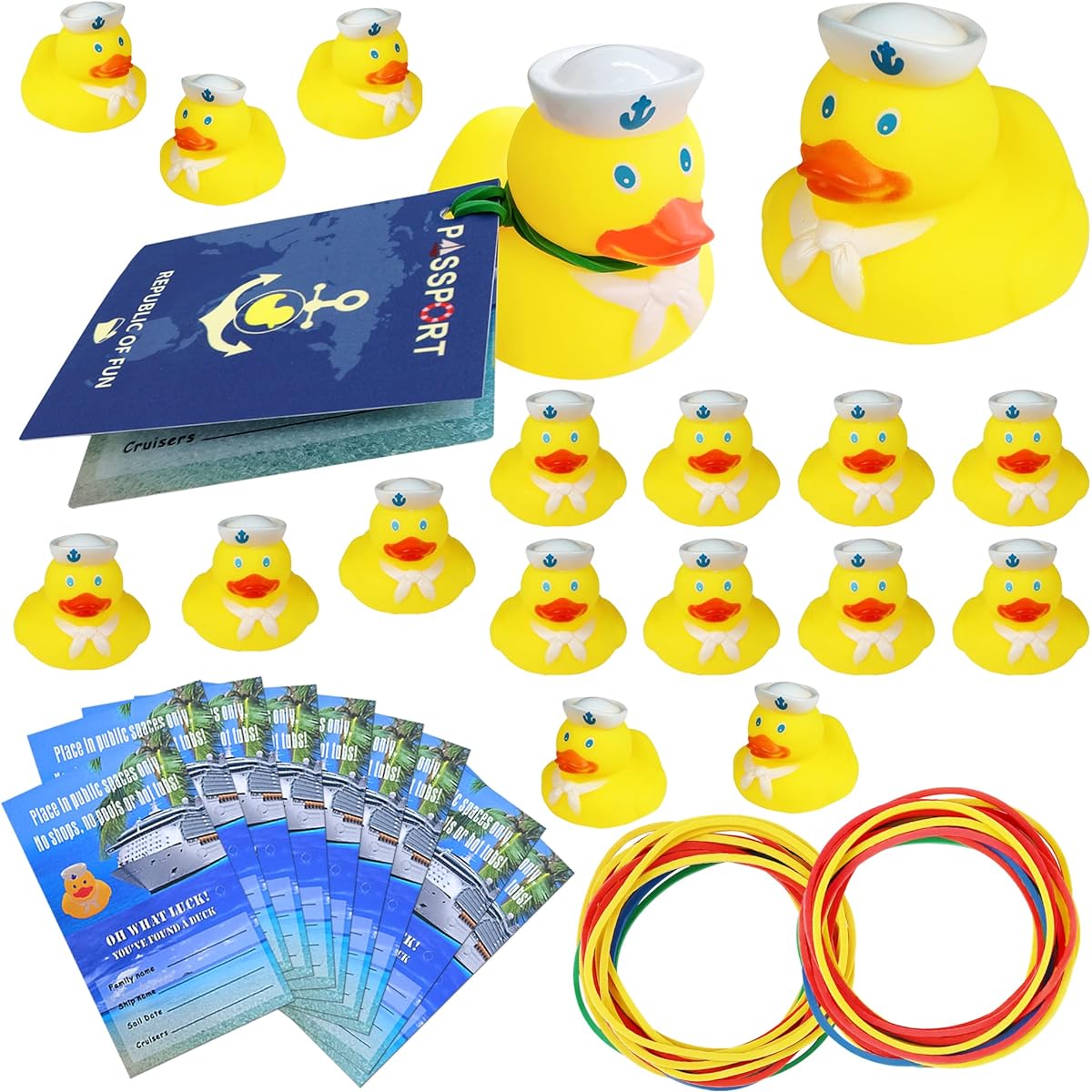 Cruise Duck Tag Kit, 96 Pack, 32 Rubber Ducks for Cruise Ships, 32 Cruising Duck Tag Cards, 32 Rubber Bands, Hide Carnival Party Games
