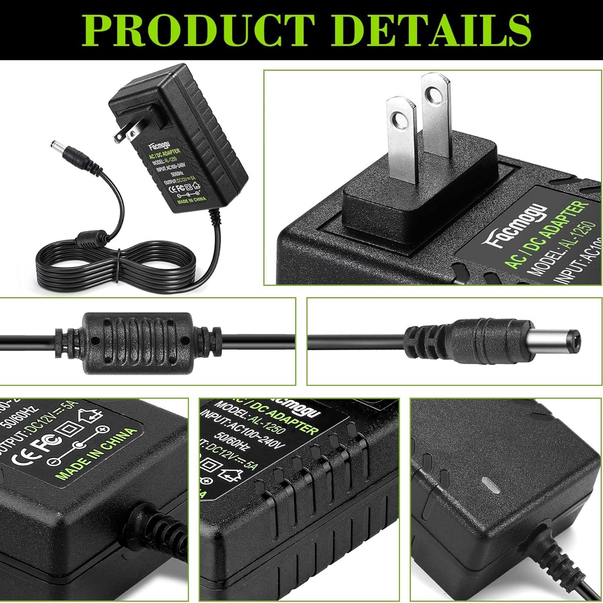 Facmogu 12V 5A Power Adapter Wall Adapter with 150cm/4.92ft Long Cable Wall Plug Transformer AC 100-240V to DC 12V Converter 5.5mm x 2.5mm & 2.1mm Output Jack for Laptop CCTV