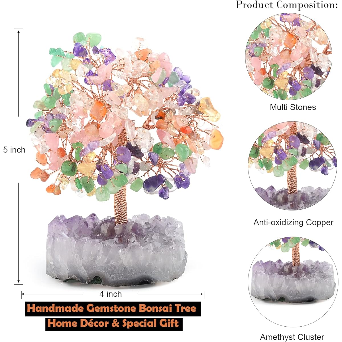 MASGEMES Gemstone Crystal Tree, Natural Multi-Stone Tree with Amethyst Cluster Base, Healing, Feng Shui, Bonsai, Money Tree, Home Office Decor, Wealth and Good Fortune