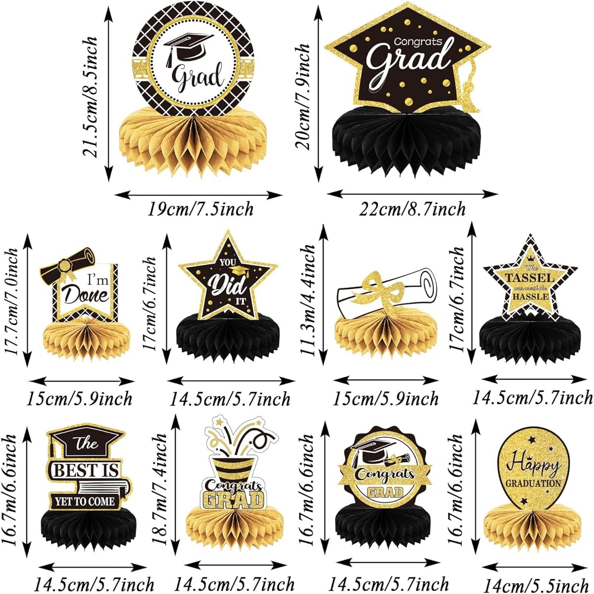 Graduation Party Decorations 2022 Graduation Party Decorations Graduation Honeycomb Centerpieces Blessing Graduation Table Toppers for Graduation Party Favors (Black Gold) 10pcs