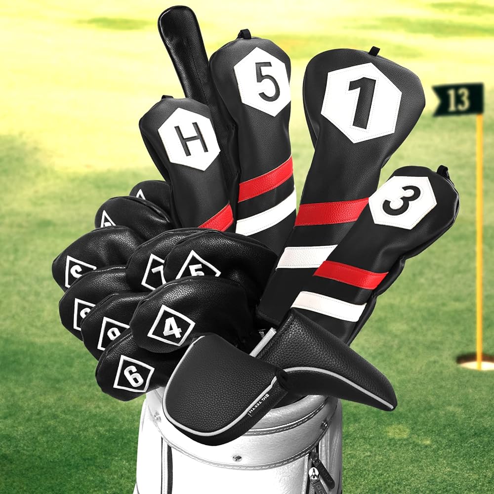 Big Teeth Golf Iron Cover Wedge Cover Head Cover Set of 10 Pieces (4-9, Pw, Aw, Sw, X) Number Embroidery Long Neck Elastic Closure Synthetic Leather Black