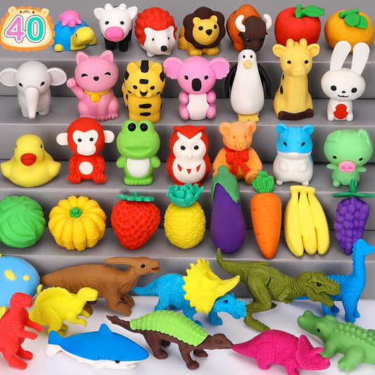 Arscniek 40 Pack Pencil Erasers for Kids Bulk Toys Puzzle Animal Erasers 3D Mini Erasers Take Apart Food Erasers for Party Favors Desk Pets Classroom Giveaways Treasure Box Kids Gifts