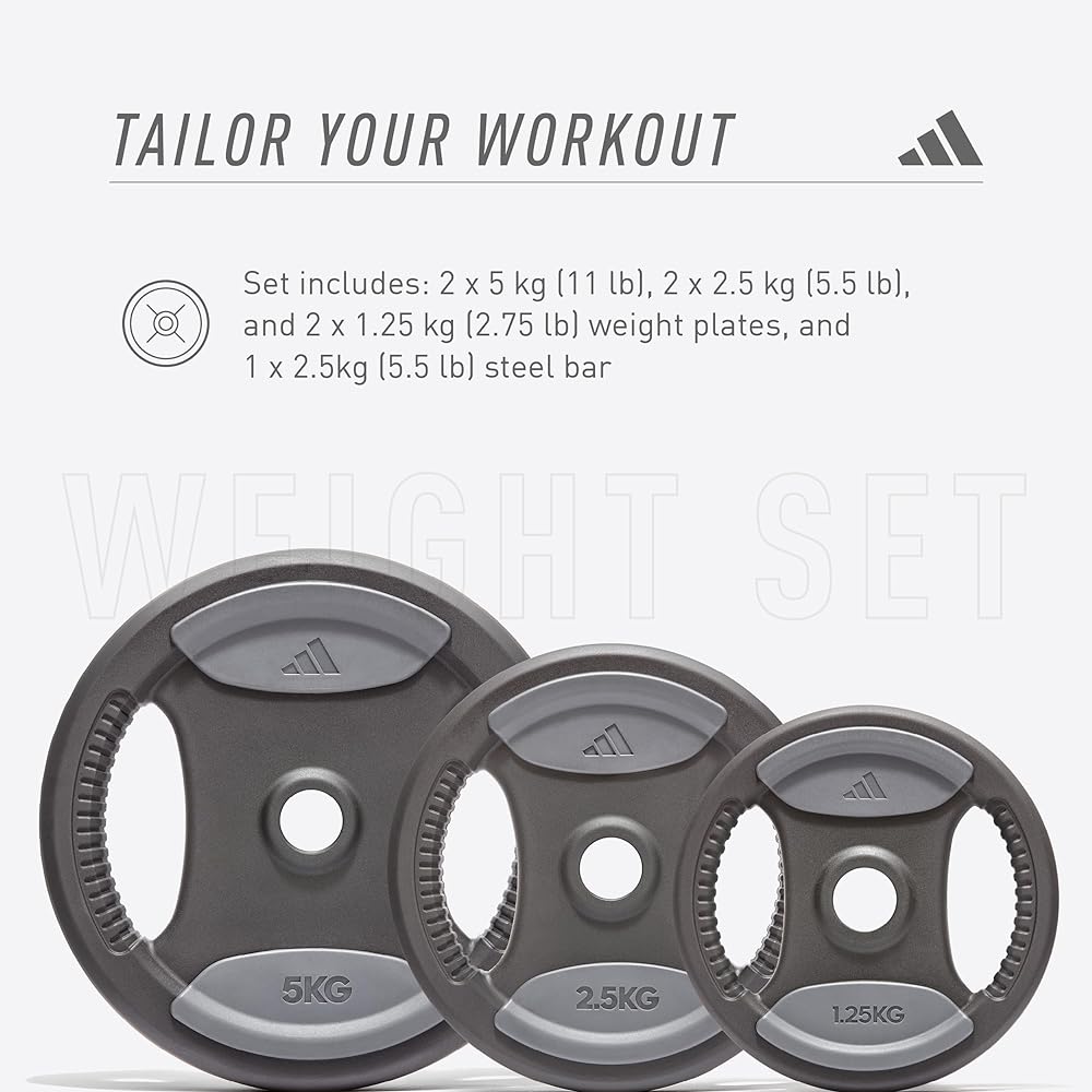 adidas Weight Set 20kg Home Fitness Barbell Set Contents (6 weight plates, 1 weight bar, 2 color clamps) ADWT-11200