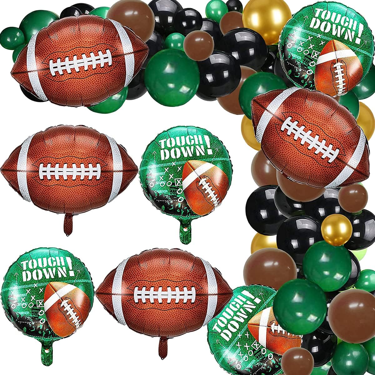 Football Party Balloon Garland Kit, 104pcs Black, Gold, Green, Brown Balloons, Arch Football Shaped Foil Balloons for Football Theme Party, Super Sunday Titch Down Party Decorations