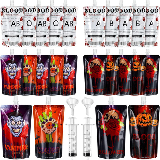 80pcs Halloween Blood Bags Party Supplies, 72pcs Halloween Drink Pouches, Halloween Party Cups Drink Containers with 4 Syringes and 4 Mini Funnels for Halloween Party Vampire Zombie Costume Props
