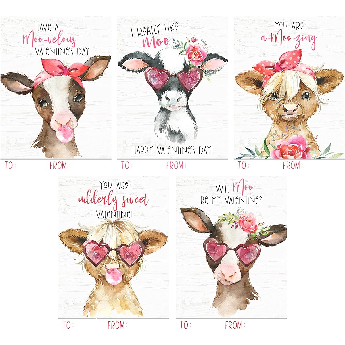 Silly Goose Gift Cute Watercolor Cow Calf Farm Theme Valentine's Day Card Kids School Classroom Exchange