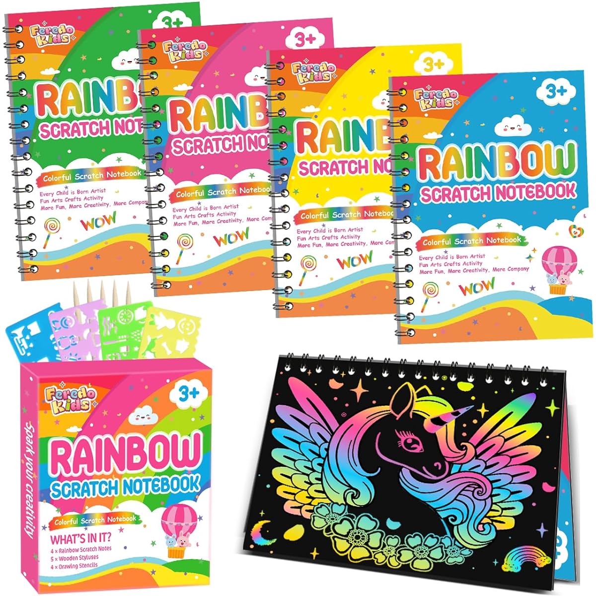 FEREDO KIDS Birthday Party Favors: 4 Pack Rainbow Scratch Notebooks Bulk Party Favors Kids Goodie Bags Prize Boxes Toys Kids Classroom School Supplies Christmas Gifts Kids Crafts