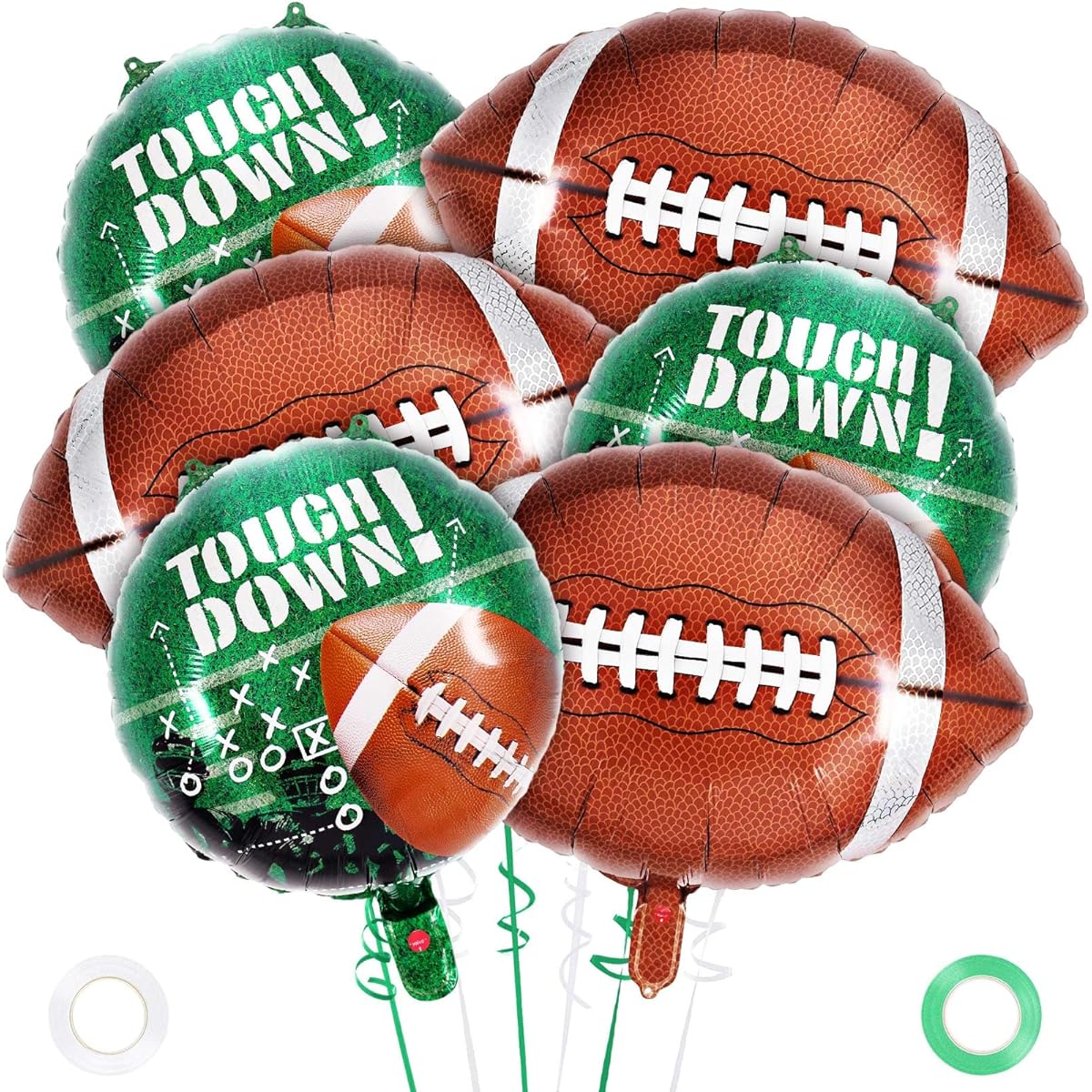 6 Piece Football Balloon Set, 3 Football Foil Balloons, Football Field Balloons for Tailgate, Game Day Sports Theme, Football Theme Supplies, Birthday Party Decorations