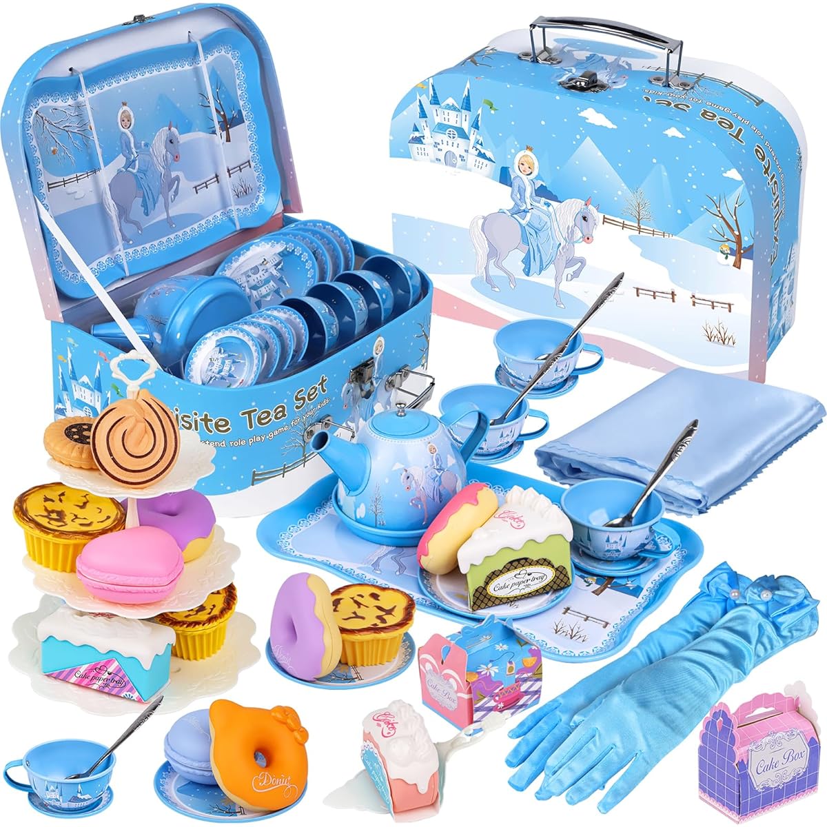 PRE-WORLD Tea Party Set for Little Girls, 46 Piece Princess Teatime Toy with Desserts, Cookies, Donuts, Teapot Tray, Cake, Tablecloth, Gloves, Carry Case, Kitchen, Pretend Play, Girls, Boys, Ages 3-6
