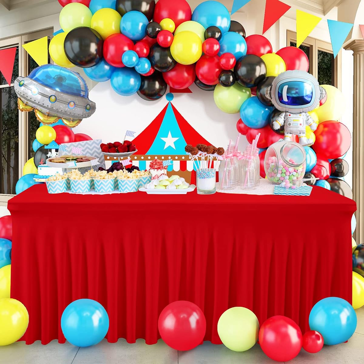Besutolife 4ft Red Tablecloth Christmas Party Table Skirt for Rectangular Tables Flamingo Birthday Christmas Party Table Decoration