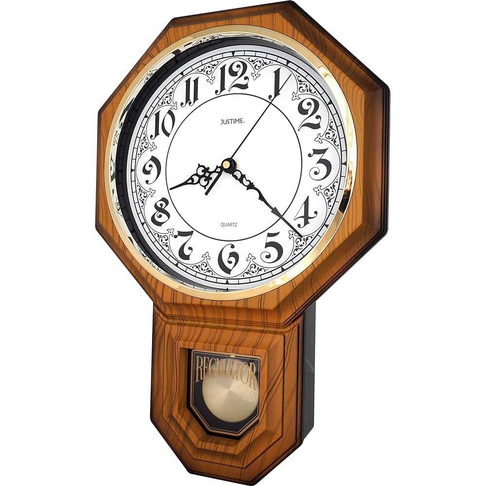 JUSTIME Traditional Schoolhouse Vintage Arabic Pendulum Wall Clock with Chime Hourly Westminster Melody 17.5" (44cm) H x 11.4" (28cm) W x 2.8" (7cm) D Light Wood Grain AV-LW