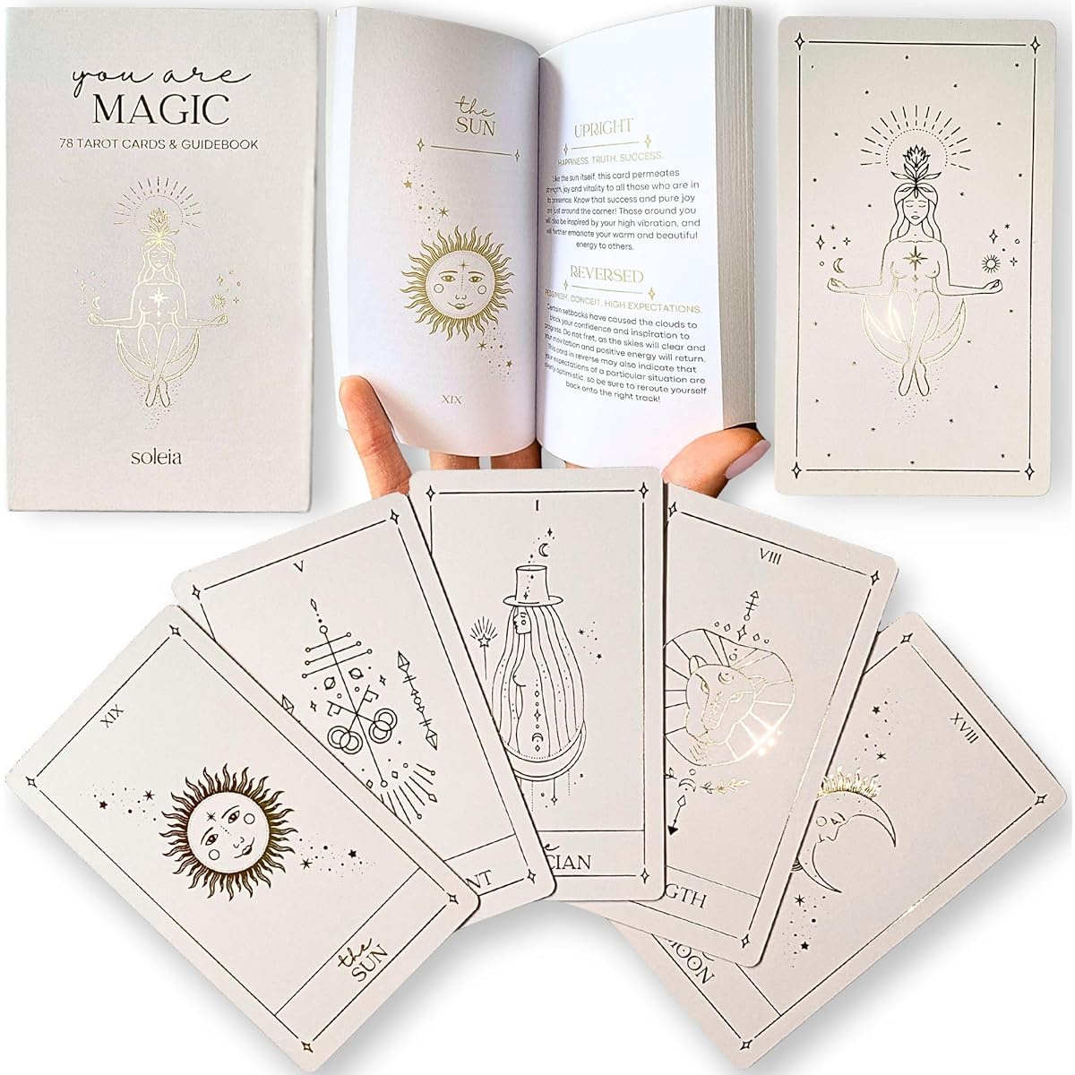 Soleia Original Tarot Card Deck with Guidebook & Box | 78 Gold Foil Tarot Cards for Beginners & Experts | Modern Rider-Waite Tarot Deck | Tarot Gifts for Adults | Beige Tarot Cards