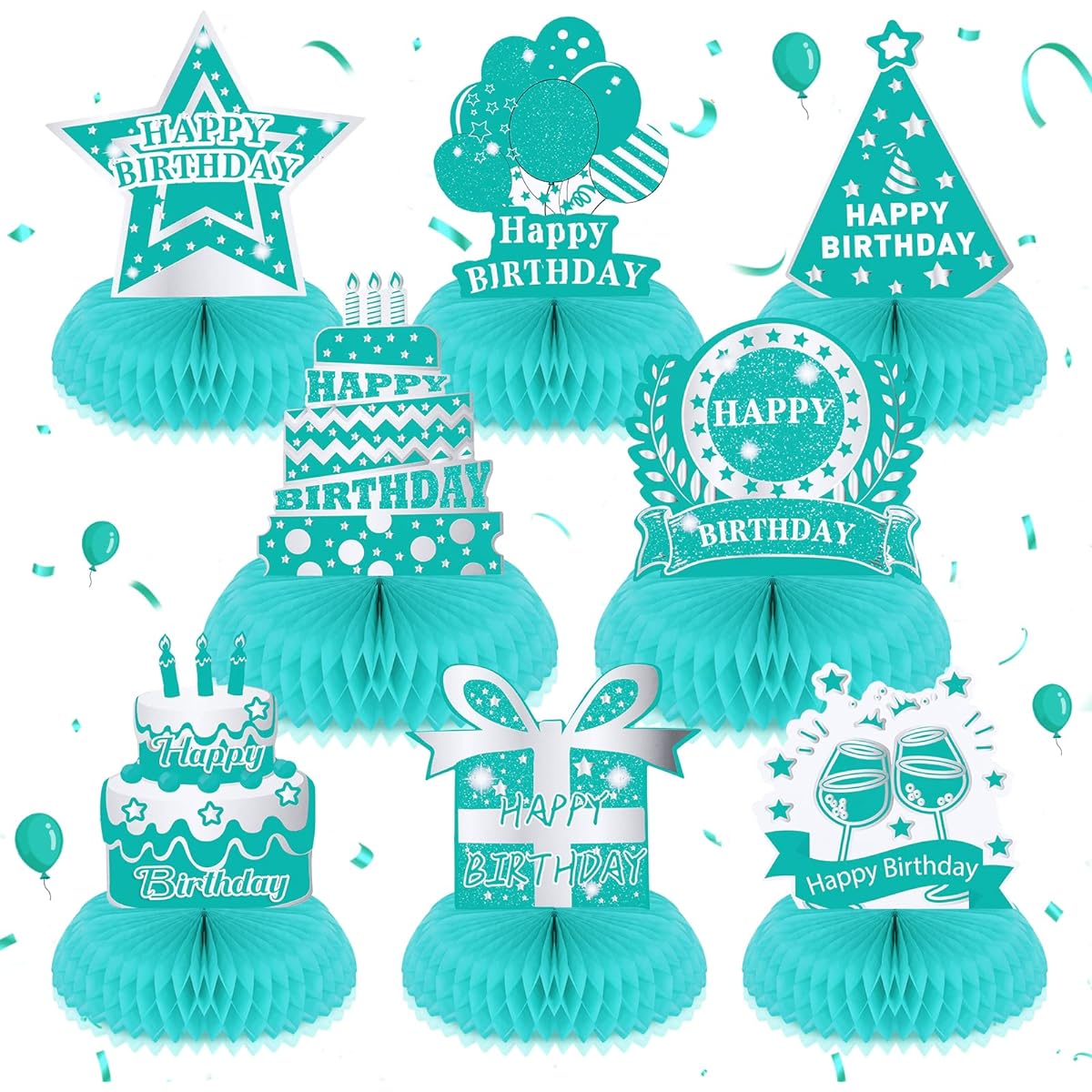Teal Happy Birthday Decoration Table Honeycomb Centerpiece Turquoise Silver 3D Table Topper Sign Mint Blue Breakfast Blue Party Supplies Girls Boys Birthday Baby Shower Party Supplies 8 Pieces