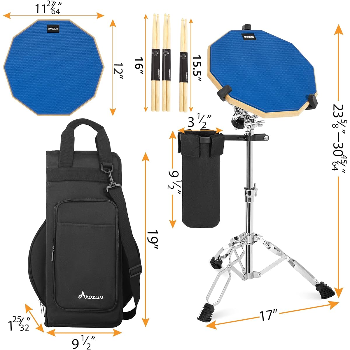 AKOZLIN Drum Pad Stand Set 12 Inch Double Sided Silent Drum Pad Drum Sticks Adjustable Snare Stand Drumstick Holder Storage Bag Blue