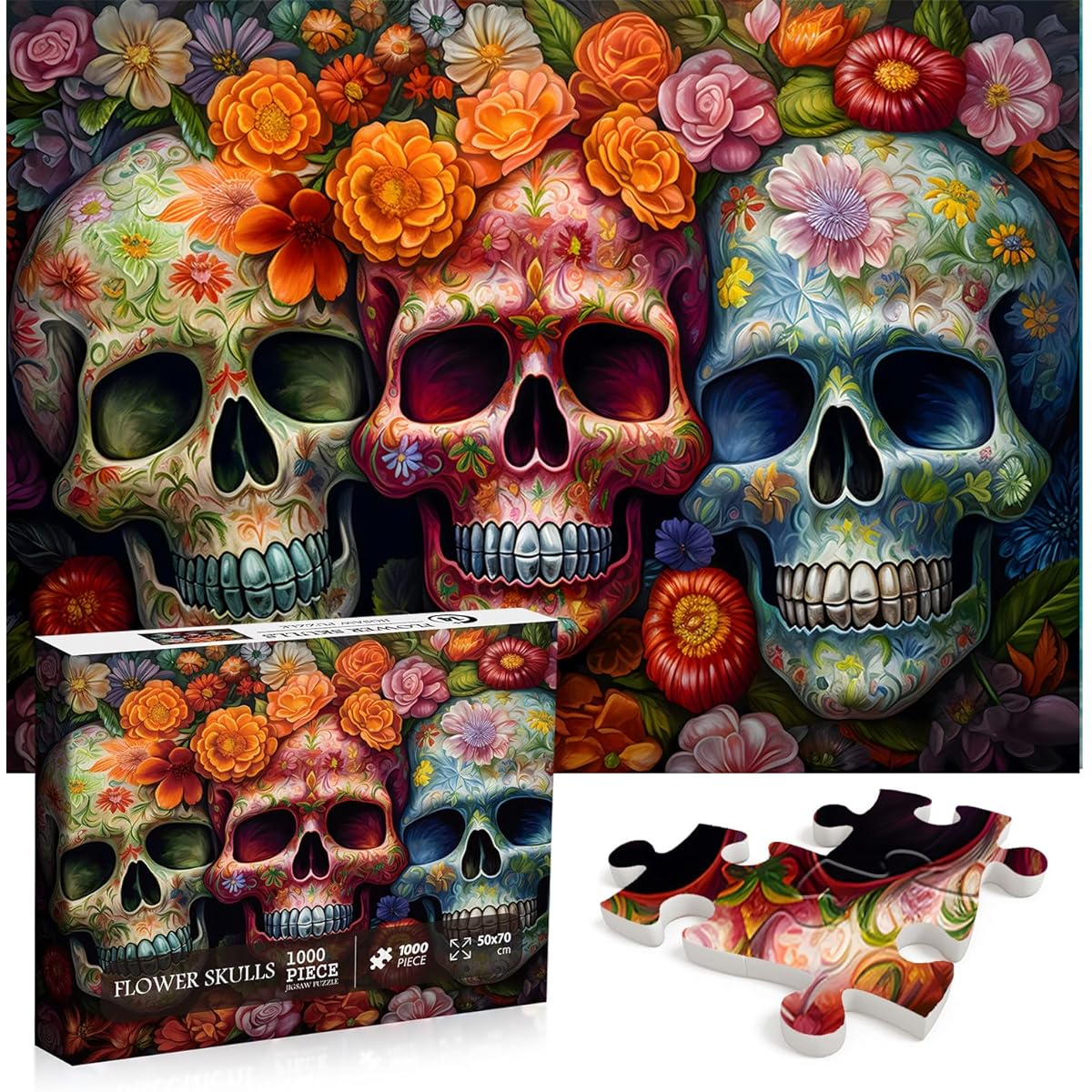 Day of the Dead Sugar Skull Puzzle for Adults 1000 Piece Halloween Puzzle 1000 Piece PICKFORU Flower Skeleton Puzzle Skeleton Halloween Decor Dia De Los Muertos Jigsaw Puzzle Grateful Dead