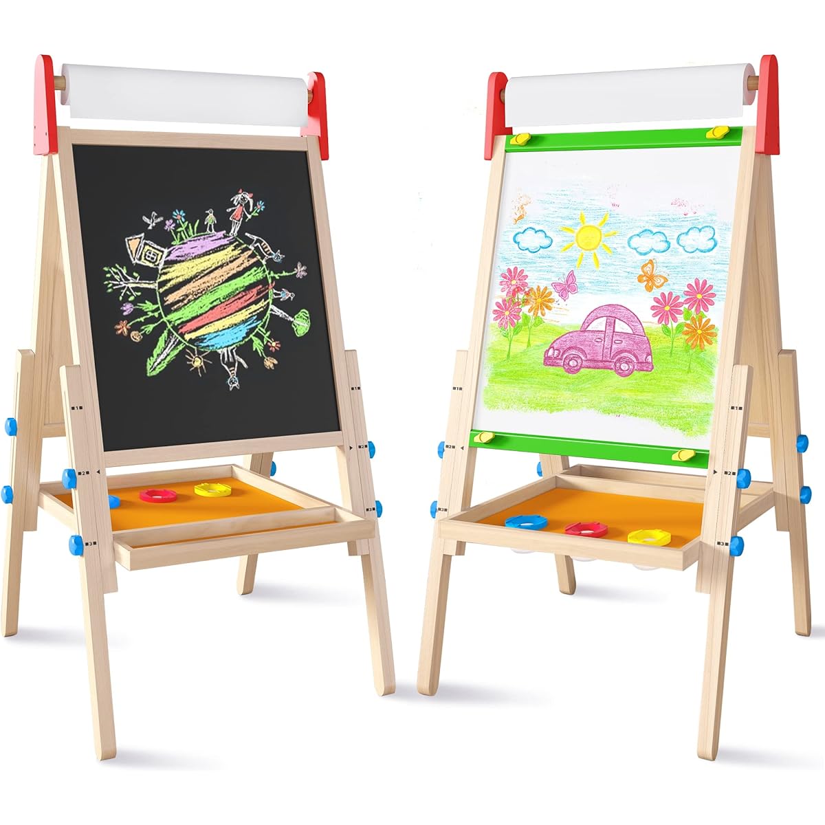 Kids Easel with 2 Rolls of Drawing Paper, Learning Toys for Ages 3 4 5 6 7 8 Boys Girls, Wooden Chalkboard & Magnetic Whiteboard & Painting Paper Stand, Gifts & Art Supplies for Toddlers