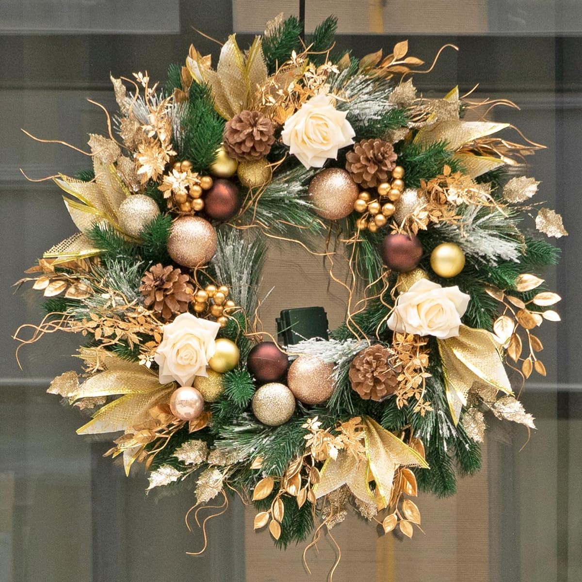 Soomeir Christmas Wreath with Lights, 24" Champagne Gold Door Wreath with Ball Ornaments, Battery Operated for Holiday Thanksgiving Fall Winter Decoration (Gold)