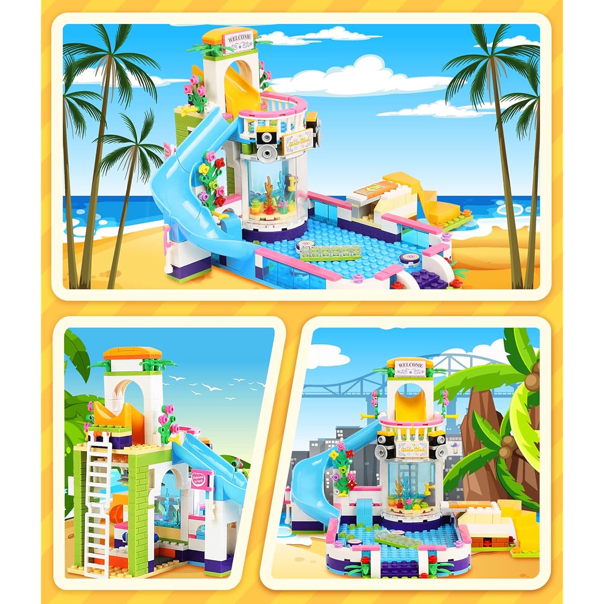 Friends Summer Pool Party Toys Pool Building Set for Girls Age 6-12 727 Pieces Swimming Pool Creative Building Blocks Kit Toy Juice Bar Hot Tub Role Play Gift Party Toys for Boys Girls Kids Toys