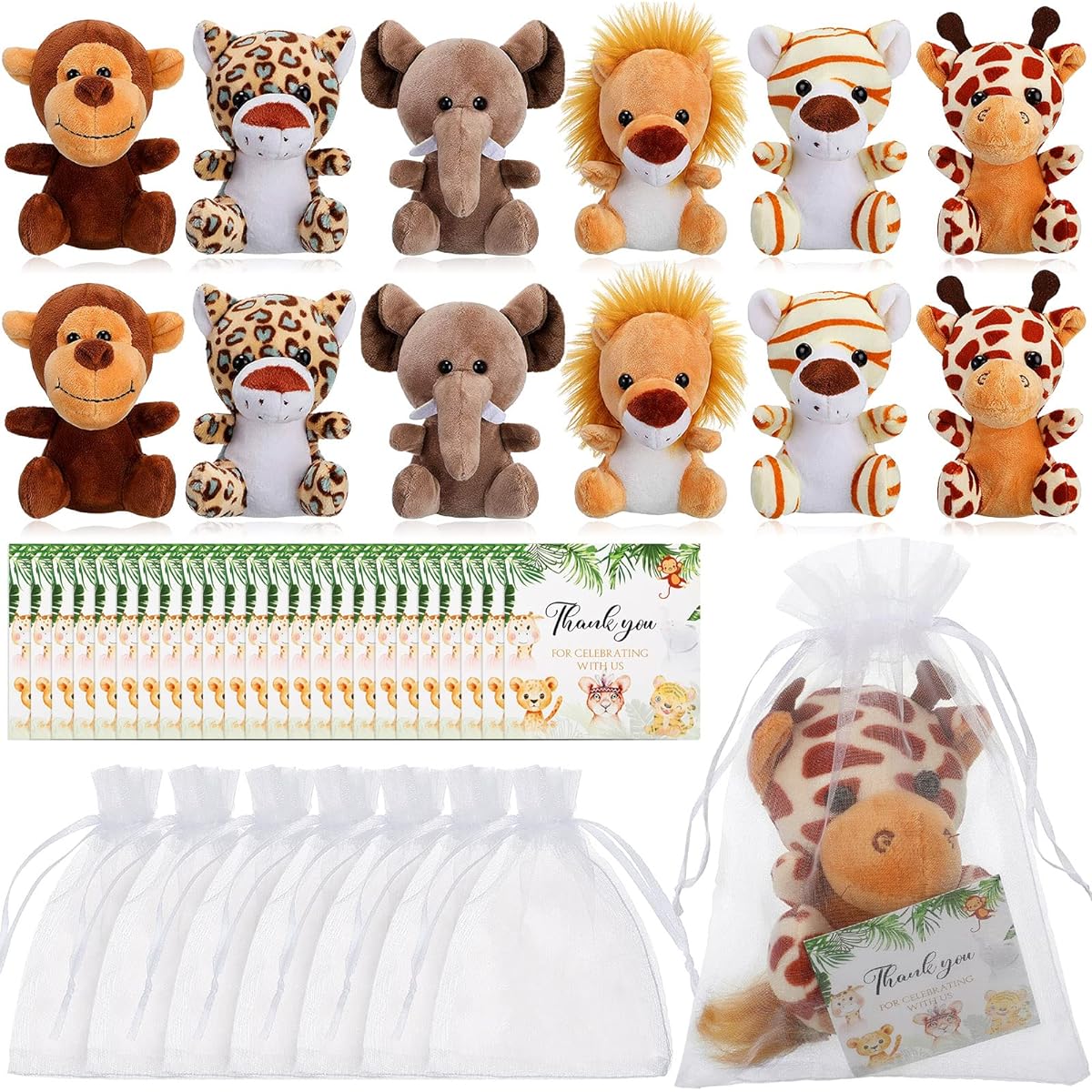 Wettarn 24 Pieces Forest Tiny Stuffed Animals Jungle Animals 3.9 Inch Giraffe Lion Elephant Cute Safari Animals Mini Plush Toys with White Organza Bags and Cards for Animal Themed Parties Teachers Students
