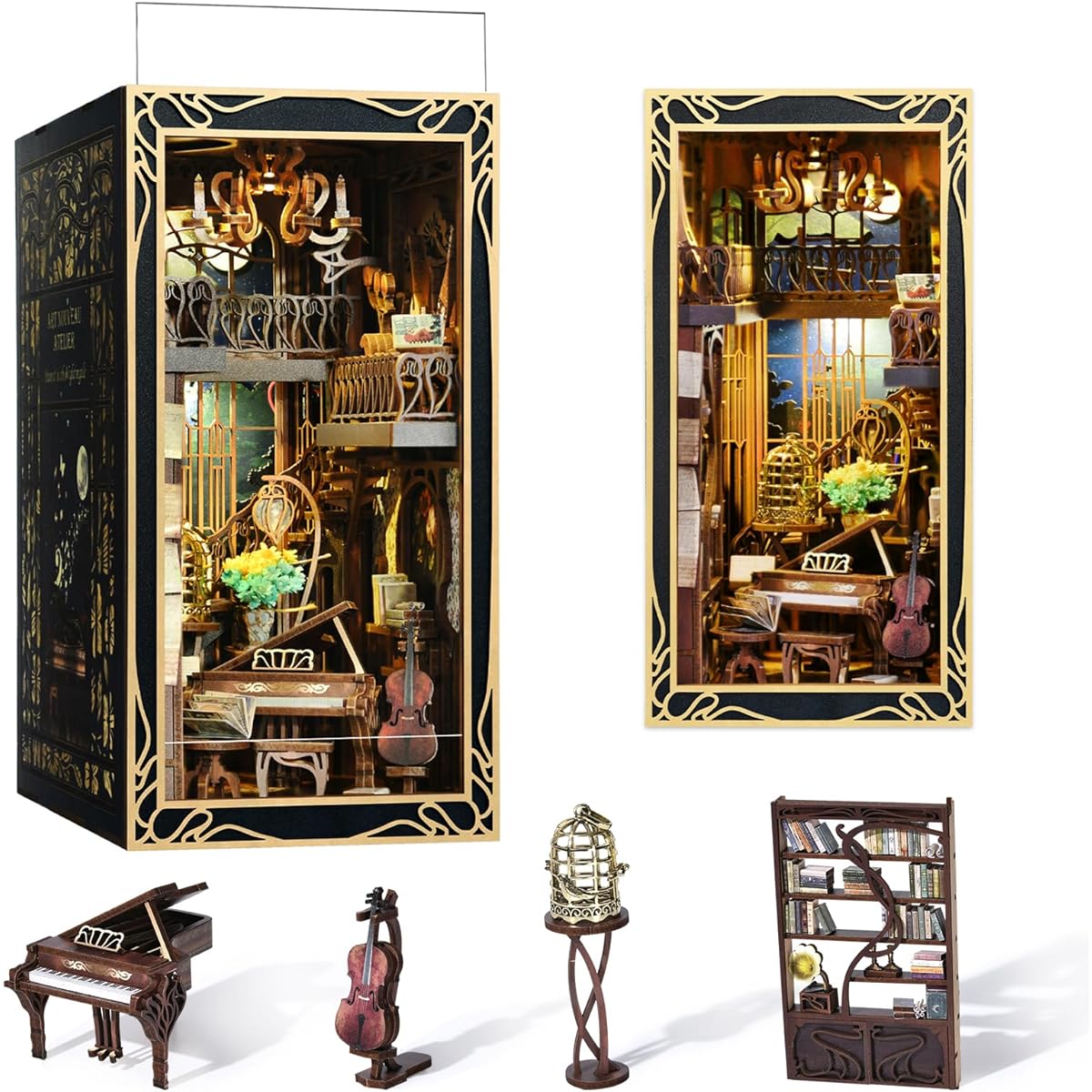 DIY Book Nook Kit,Miniature Dollhouse Book Nook Kit,3D Wooden Puzzle Bookends Bookshelf Inserts Decor with LED Lights for Teens and Adults (The Nightingale and the Pinist)
