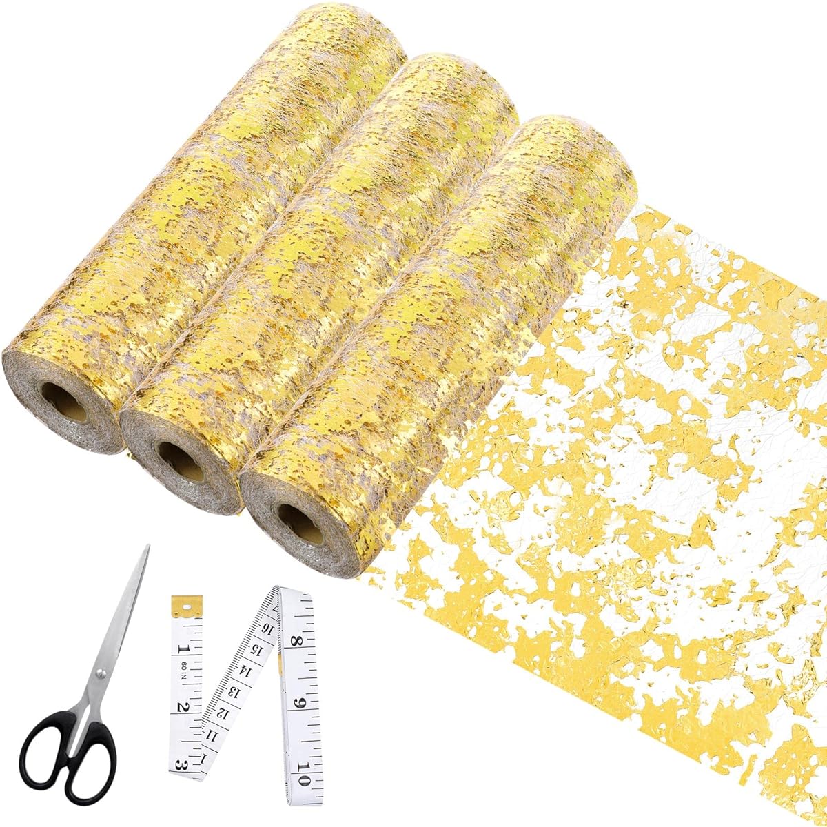Tudomro Gold Table Runner 3 Pieces Sequin Glitter Foil Metallic Gold Thin Mesh Table Runner Roll 11" x 297ft Gold Table Decoration for Event Party Wedding Birthday Party Christmas