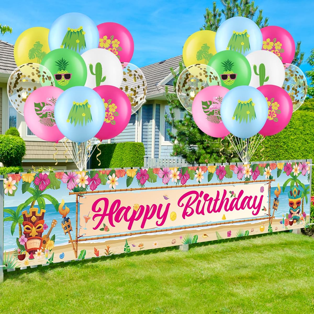 Hawaiian Luau Birthday Party Decorations Summer Hawaiian Birthday Banner Yard Signs 20pcs Hawaiian Theme Balloons Aloha Beach Party Banner Decorations Tropical Indoor Outdoor Party Supplies
